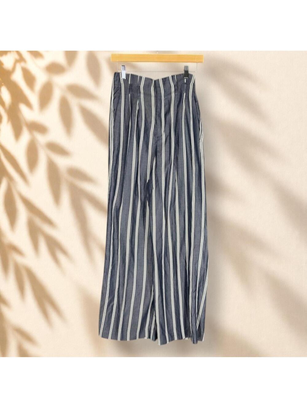 Express Pants Women 00 Blue Striped High Rise Wide Leg Flat Front Pockets Casual